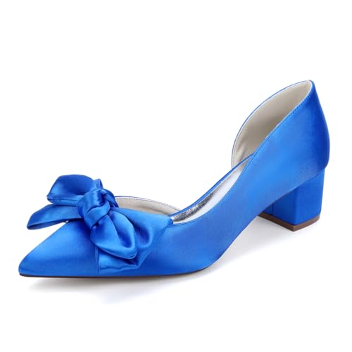 GHSIRUEU Damen Spitzschuh Bequeme 4.5 cm Blockabsatz Slip Auf Satin Hochzeitsschuhe Brautschuhe mit Bogen,Blau,39 EU von GHSIRUEU