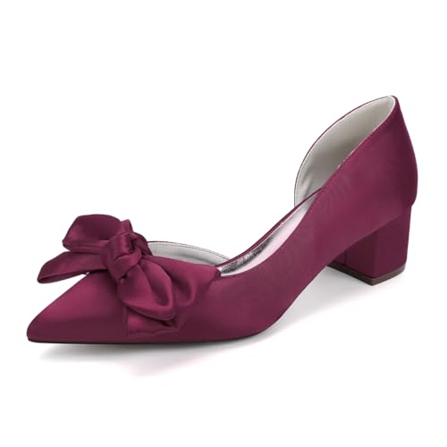GHSIRUEU Damen Spitzschuh Bequeme 4.5 cm Blockabsatz Slip Auf Satin Hochzeitsschuhe Brautschuhe mit Bogen,Burgundy,38 EU von GHSIRUEU