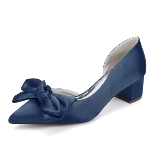 GHSIRUEU Damen Spitzschuh Bequeme 4.5 cm Blockabsatz Slip Auf Satin Hochzeitsschuhe Brautschuhe mit Bogen,Marine,42 EU von GHSIRUEU