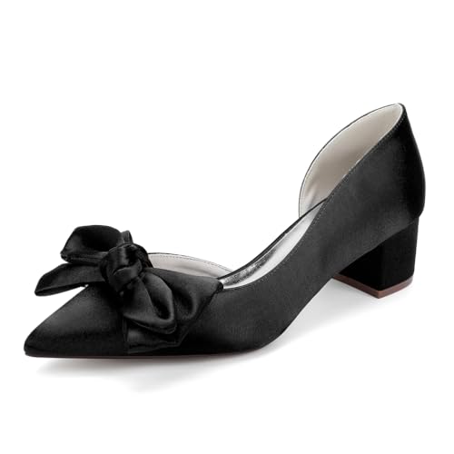 GHSIRUEU Damen Spitzschuh Bequeme 4.5 cm Blockabsatz Slip Auf Satin Hochzeitsschuhe Brautschuhe mit Bogen,Schwarz,42 EU von GHSIRUEU