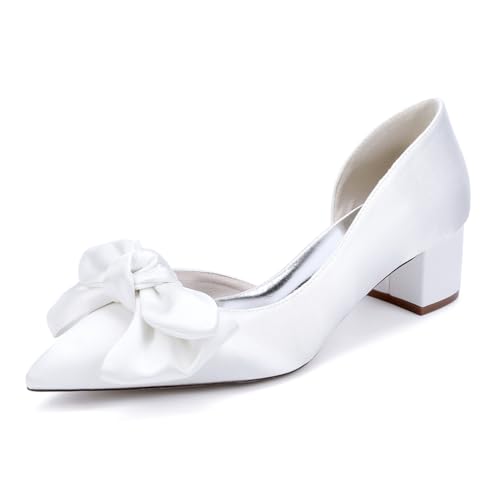 GHSIRUEU Damen Spitzschuh Bequeme 4.5 cm Blockabsatz Slip Auf Satin Hochzeitsschuhe Brautschuhe mit Bogen,Weiß,38 EU GHSIRUEU Damen Spitzschuh Bequeme 4.5 cm Blockabsatz Slip Auf Satin Hochzeitsschuhe Brautschuhe mit Bogen,Weiß,38 EU von GHSIRUEU