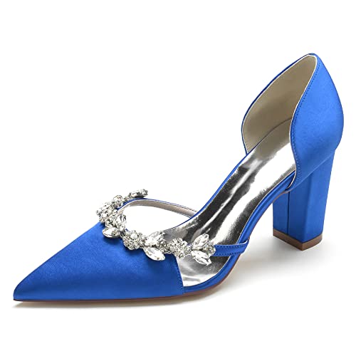 GHSIRUEU Damen Spitzschuh Bequeme 8.5 cm Blockabsatz Slip Auf Satin Hochzeitsschuhe Brautschuhe Mit Strass,Blau,37 EU von GHSIRUEU