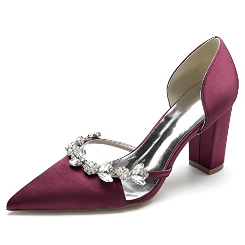 GHSIRUEU Damen Spitzschuh Bequeme 8.5 cm Blockabsatz Slip Auf Satin Hochzeitsschuhe Brautschuhe Mit Strass,Burgundy,43 EU von GHSIRUEU