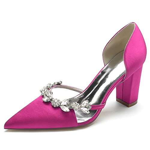 GHSIRUEU Damen Spitzschuh Bequeme 8.5 cm Blockabsatz Slip Auf Satin Hochzeitsschuhe Brautschuhe Mit Strass,Fuchsia,39 EU von GHSIRUEU