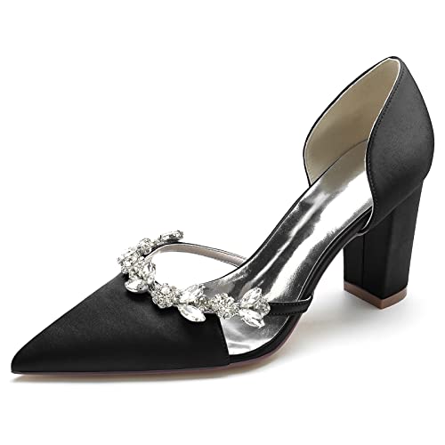 GHSIRUEU Damen Spitzschuh Bequeme 8.5 cm Blockabsatz Slip Auf Satin Hochzeitsschuhe Brautschuhe Mit Strass,Schwarz,41 EU von GHSIRUEU