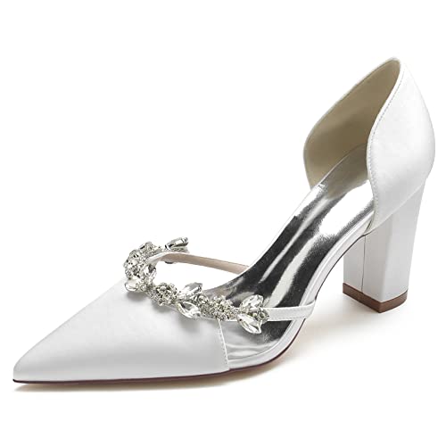 GHSIRUEU Damen Spitzschuh Bequeme 8.5 cm Blockabsatz Slip Auf Satin Hochzeitsschuhe Brautschuhe Mit Strass,Weiß,38 EU von GHSIRUEU