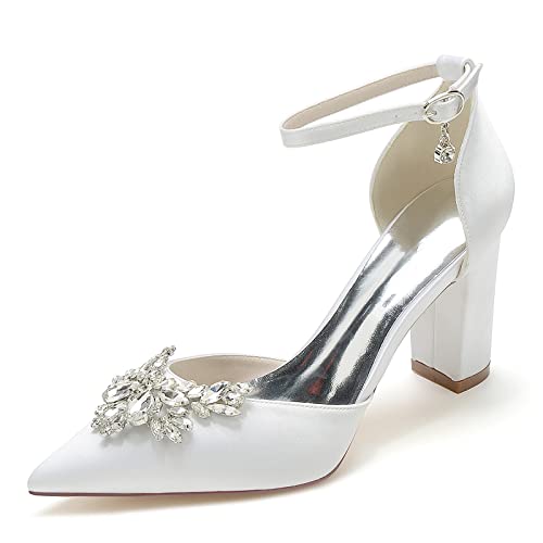GHSIRUEU Damen Spitzschuh Blockabsatz Knöchelriemen Satin Hochzeit Brautjungfernschuhe Mit Strass,Weiß,42 EU GHSIRUEU Damen Spitzschuh Blockabsatz Knöchelriemen Satin Hochzeit Brautjungfernschuhe Mit Strass,Weiß,42 EU von GHSIRUEU