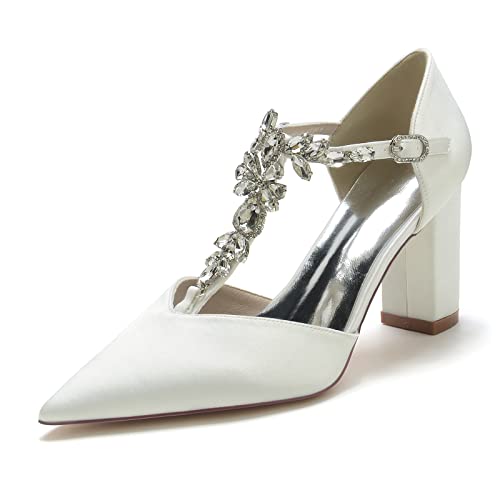 GHSIRUEU Damen Spitzschuh Blockabsatz Satin Strass T-Riemen Hochzeit Brautjungfernschuhe,Elfenbein,38 EU GHSIRUEU Damen Spitzschuh Blockabsatz Satin Strass T-Riemen Hochzeit Brautjungfernschuhe,Elfenbein,38 EU von GHSIRUEU