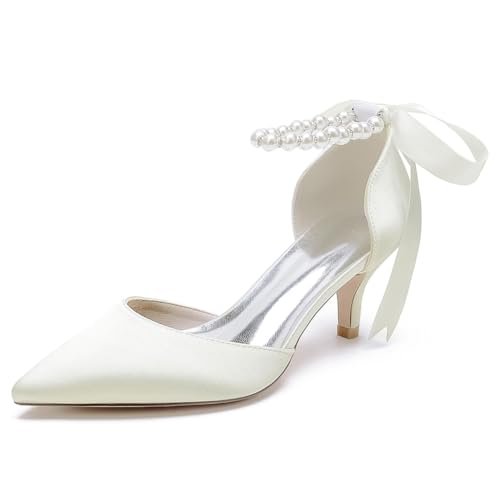GHSIRUEU Damen Spitzschuh Kätzchenabsatz Bequeme Perle Band Krawatte Hochzeit Brautschuhe,Elfenbein,36 EU von GHSIRUEU