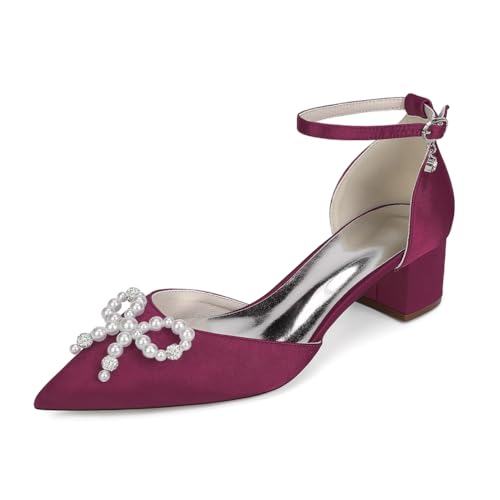 GHSIRUEU Damen Spitzschuh Klassisch Niedriger Absatz mit Perle Satin Hochzeit Brautjungfernschuhe,Burgundy,36 EU von GHSIRUEU
