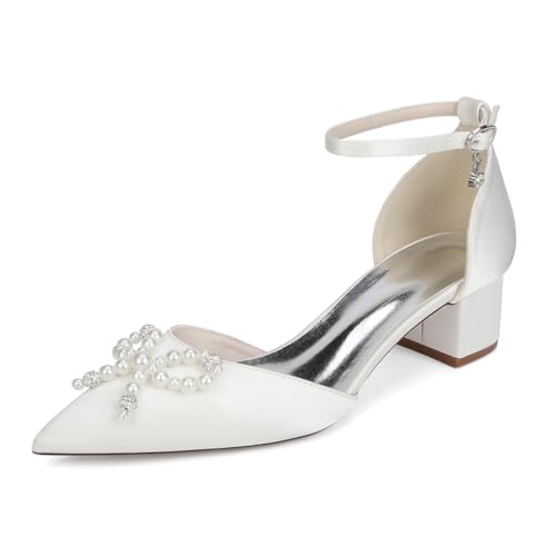 GHSIRUEU Damen Spitzschuh Klassisch Niedriger Absatz mit Perle Satin Hochzeit Brautjungfernschuhe,Elfenbein,37 EU von GHSIRUEU