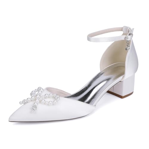 GHSIRUEU Damen Spitzschuh Klassisch Niedriger Absatz mit Perle Satin Hochzeit Brautjungfernschuhe,Weiß,38 EU von GHSIRUEU