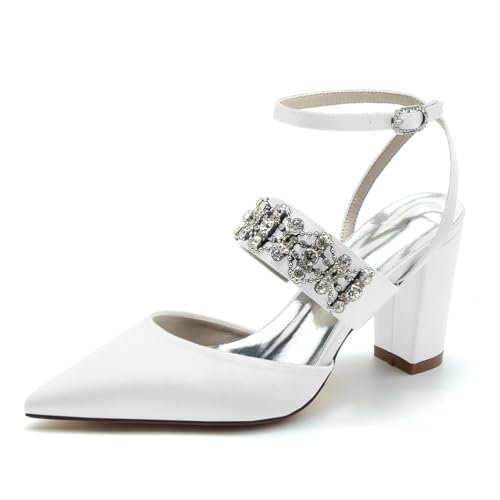 GHSIRUEU Damen Spitzschuh Knöchelriemen Blockabsatz Kleid Sandalen Für Hochzeit Oder Abend,Weiß,40 EU von GHSIRUEU
