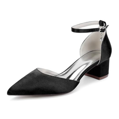GHSIRUEU Damen Spitzschuh Knöchelriemen Satin Hochzeit Brautjungfernschuhe Blockabsatz 4.5 cm,Schwarz,42 EU von GHSIRUEU