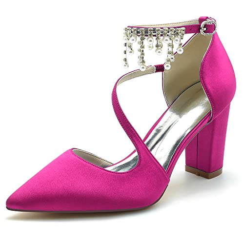GHSIRUEU Damen Spitzschuh Satin Perle Knöchelriemen Blockabsatz Pumpen Bequeme Hochzeit Brautschuhe,Fuchsia,37 EU von GHSIRUEU