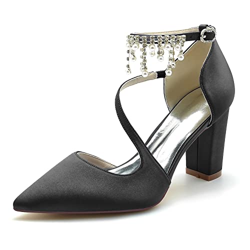 GHSIRUEU Damen Spitzschuh Satin Perle Knöchelriemen Blockabsatz Pumpen Bequeme Hochzeit Brautschuhe,Schwarz,36 EU von GHSIRUEU