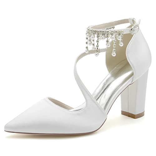 GHSIRUEU Damen Spitzschuh Satin Perle Knöchelriemen Blockabsatz Pumpen Bequeme Hochzeit Brautschuhe,Weiß,39 EU von GHSIRUEU