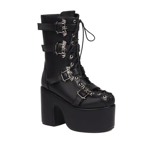 GHSIRUEU Damen Stiefel Mit Plateau Blockabsatz Gothic Stiefel Mit Reißverschluss Und Schnalle,Schwarz,38 EU von GHSIRUEU
