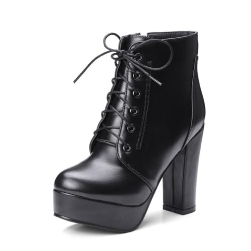 GHSIRUEU Damen Stiefel Mit Plateau Blockabsatz Runder Zeh Schnürstiefel Mit Reißverschluss,Schwarz,37 EU von GHSIRUEU