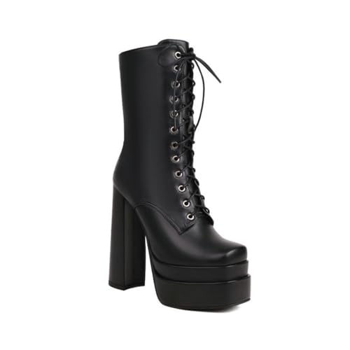 GHSIRUEU Damen Stiefel Mode Blockabsatz Plateau Stiefeletten Combat Stiefel Mit Reißverschluss,Schwarz,38 EU von GHSIRUEU