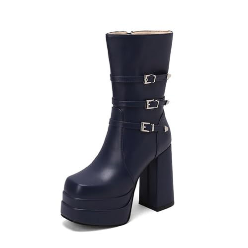 GHSIRUEU Damen Stiefel Mode Blockabsatz Plateau Stiefeletten Combat Stiefel mit Reißverschluss und Schnalle,Blau,48 EU GHSIRUEU Damen Stiefel Mode Blockabsatz Plateau Stiefeletten Combat Stiefel mit Reißverschluss und Schnalle,Blau,48 EU von GHSIRUEU