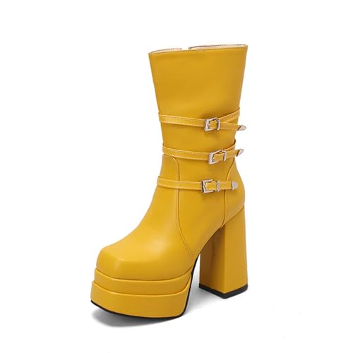 GHSIRUEU Damen Stiefel Mode Blockabsatz Plateau Stiefeletten Combat Stiefel mit Reißverschluss und Schnalle,Gelb,46 EU von GHSIRUEU
