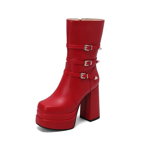 GHSIRUEU Damen Stiefel Mode Blockabsatz Plateau Stiefeletten Combat Stiefel mit Reißverschluss und Schnalle,Rot,36 EU von GHSIRUEU