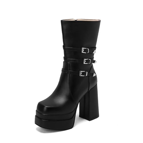 GHSIRUEU Damen Stiefel Mode Blockabsatz Plateau Stiefeletten Combat Stiefel mit Reißverschluss und Schnalle,Schwarz,43 EU von GHSIRUEU