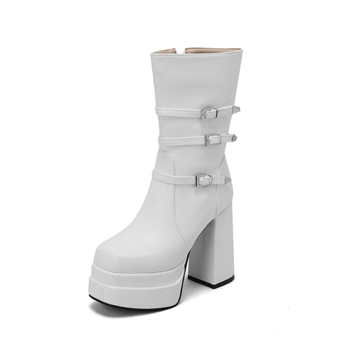 GHSIRUEU Damen Stiefel Mode Blockabsatz Plateau Stiefeletten Combat Stiefel mit Reißverschluss und Schnalle,Weiß,49 EU von GHSIRUEU