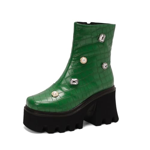 GHSIRUEU Damen Stiefeletten Blockabsatz Plateau Stiefel Reißverschluss Punk Chelsea Stiefel Mit Strass,Grün,35 EU von GHSIRUEU