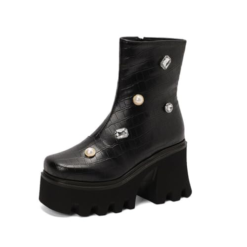 GHSIRUEU Damen Stiefeletten Blockabsatz Plateau Stiefel Reißverschluss Punk Chelsea Stiefel Mit Strass,Schwarz,39 EU von GHSIRUEU