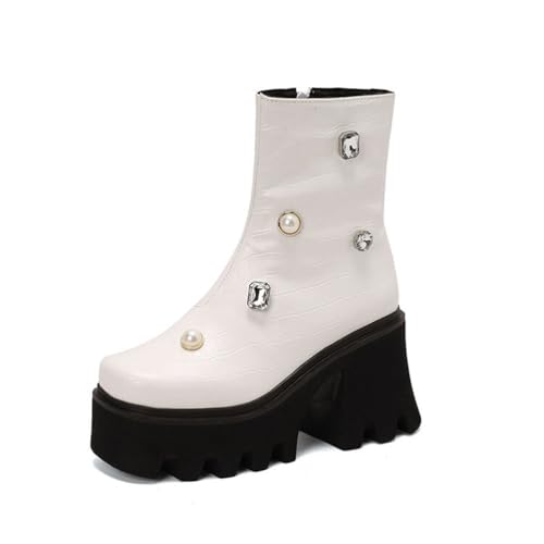GHSIRUEU Damen Stiefeletten Blockabsatz Plateau Stiefel Reißverschluss Punk Chelsea Stiefel Mit Strass,Weiß,43 EU von GHSIRUEU
