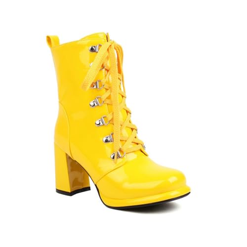 GHSIRUEU Damen Stiefeletten Blockabsatz Quadratische Zeh Leicht Gefüttert Klassische Wasserdicht Schnürstiefeletten,Gelb,41 EU von GHSIRUEU