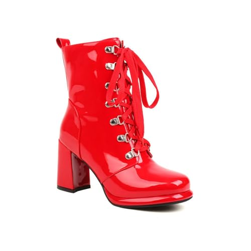 GHSIRUEU Damen Stiefeletten Blockabsatz Quadratische Zeh Leicht Gefüttert Klassische Wasserdicht Schnürstiefeletten,Rot,34 EU von GHSIRUEU