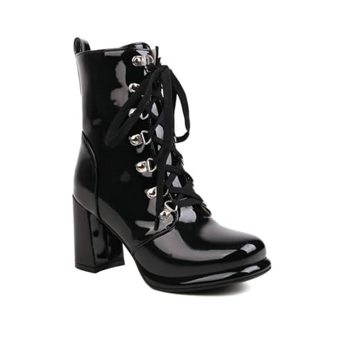 GHSIRUEU Damen Stiefeletten Blockabsatz Quadratische Zeh Leicht Gefüttert Klassische Wasserdicht Schnürstiefeletten,Schwarz,48 EU von GHSIRUEU