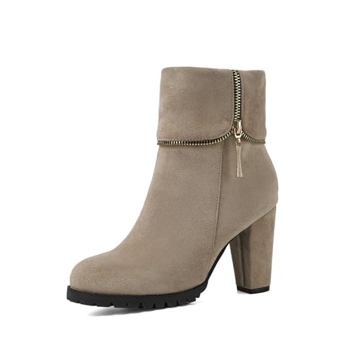 GHSIRUEU Damen Stiefeletten Comfort Gefüttert Runder Zeh Reißverschluss Klassische Kunstfell Wildleder Winterstiefel,Beige,48 EU von GHSIRUEU