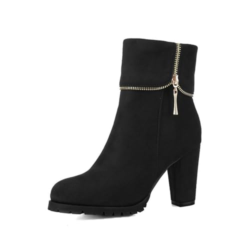 GHSIRUEU Damen Stiefeletten Comfort Gefüttert Runder Zeh Reißverschluss Klassische Kunstfell Wildleder Winterstiefel,Schwarz,41 EU von GHSIRUEU