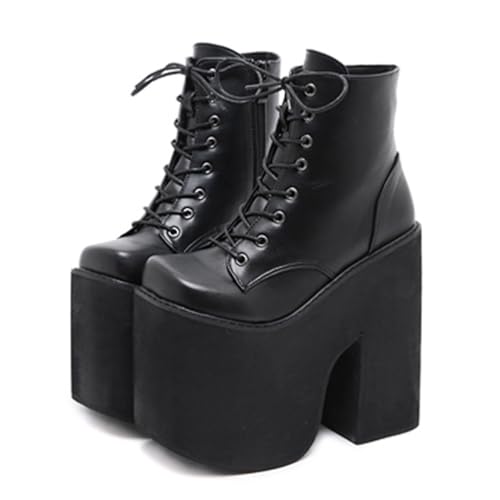 GHSIRUEU Damen Stiefeletten Gothic Plateau Stämmiger Absatz Punk Kampfstiefel Mit Schnürung,Schwarz,43 EU von GHSIRUEU