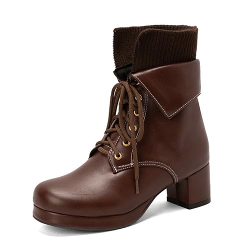 GHSIRUEU Damen Stiefeletten Patchworkstiefel Blockabsatz Leicht Gefüttert Klassische Schnürstiefeletten,Braun,38 EU von GHSIRUEU