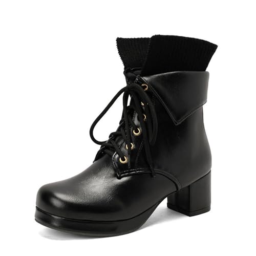 GHSIRUEU Damen Stiefeletten Patchworkstiefel Blockabsatz Leicht Gefüttert Klassische Schnürstiefeletten,Schwarz,40 EU von GHSIRUEU