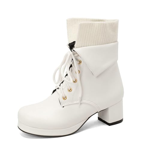 GHSIRUEU Damen Stiefeletten Patchworkstiefel Blockabsatz Leicht Gefüttert Klassische Schnürstiefeletten,Weiß,39 EU von GHSIRUEU