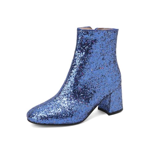 GHSIRUEU Damen Stiefeletten Quadratische Zeh Funkeln Kurze Stiefel Con Reißverschluss Und Blockabsatz,Blau,36 EU von GHSIRUEU
