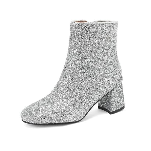 GHSIRUEU Damen Stiefeletten Quadratische Zeh Funkeln Kurze Stiefel Con Reißverschluss Und Blockabsatz,Silber,39 EU von GHSIRUEU
