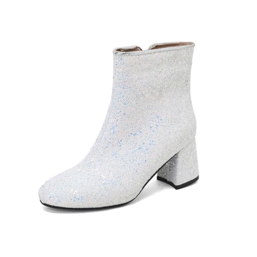 GHSIRUEU Damen Stiefeletten Quadratische Zeh Funkeln Kurze Stiefel Con Reißverschluss Und Blockabsatz,Weiß,44 EU von GHSIRUEU