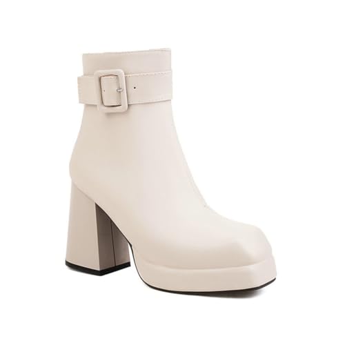 GHSIRUEU Damen Stiefeletten Quadratische Zehe Blockabsatz Chelsea Kurze Stiefel Con Reißverschluss und Schnalle,Beige,42 EU von GHSIRUEU