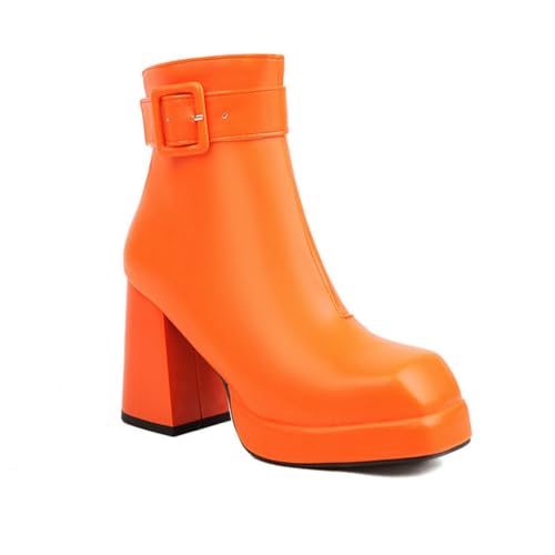 GHSIRUEU Damen Stiefeletten Quadratische Zehe Blockabsatz Chelsea Kurze Stiefel Con Reißverschluss und Schnalle,Orange,44 EU von GHSIRUEU