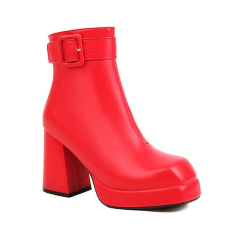 GHSIRUEU Damen Stiefeletten Quadratische Zehe Blockabsatz Chelsea Kurze Stiefel Con Reißverschluss und Schnalle,Rot,43 EU von GHSIRUEU