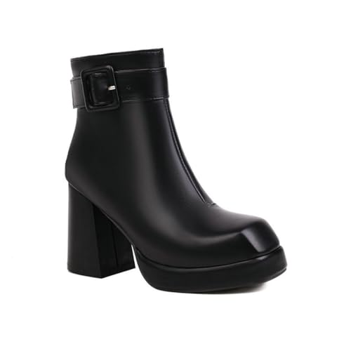 GHSIRUEU Damen Stiefeletten Quadratische Zehe Blockabsatz Chelsea Kurze Stiefel Con Reißverschluss und Schnalle,Schwarz,37 EU von GHSIRUEU