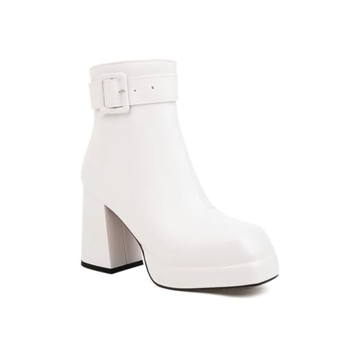 GHSIRUEU Damen Stiefeletten Quadratische Zehe Blockabsatz Chelsea Kurze Stiefel Con Reißverschluss und Schnalle,Weiß,45 EU GHSIRUEU Damen Stiefeletten Quadratische Zehe Blockabsatz Chelsea Kurze Stiefel Con Reißverschluss und Schnalle,Weiß,45 EU von GHSIRUEU