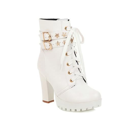GHSIRUEU Damen Stiefeletten Runder Zeh Blockabsatz Punk Schnürstiefel Stiefel Mit Verziertem Riemen Schnalle,Weiß,37 EU von GHSIRUEU